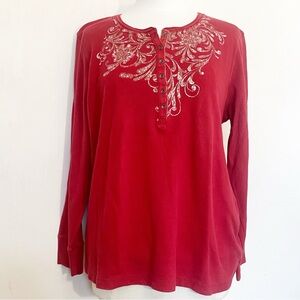 Eddie Bauer Thermal Distressed Dark Red Long-Sleeve Henley Top with Graphic XXL